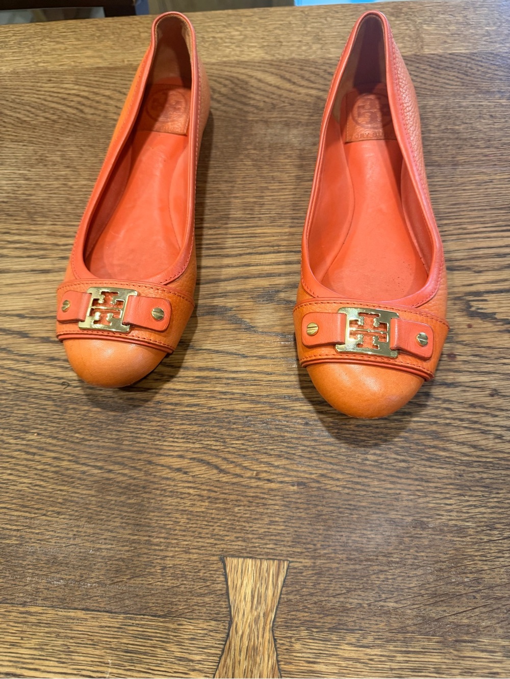 Tory Burch Coral-Orange Leather Ballet Flats with Gold Logo